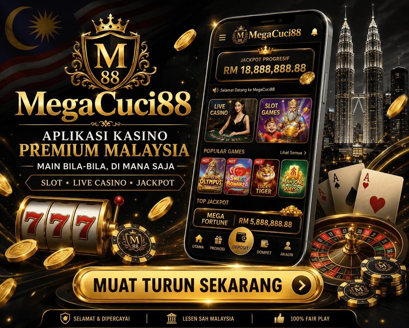 Megacuci88 Android app interface on a smartphone with account, promotion, and casino navigation panels