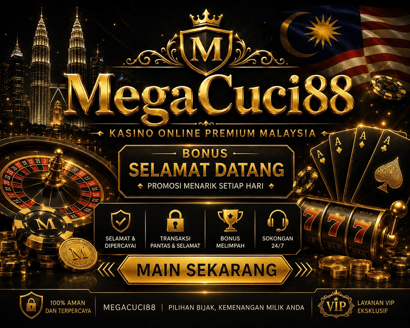 Casino overview screen with grouped slots, card tables, chips, and Megacuci88 mobile menu elements