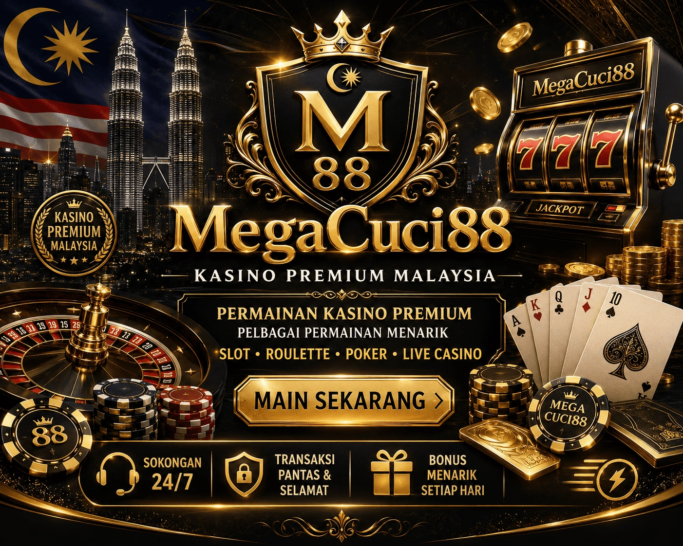 Game overview layout with cards, chips, live table area, category tabs, and Megacuci88 mobile navigation