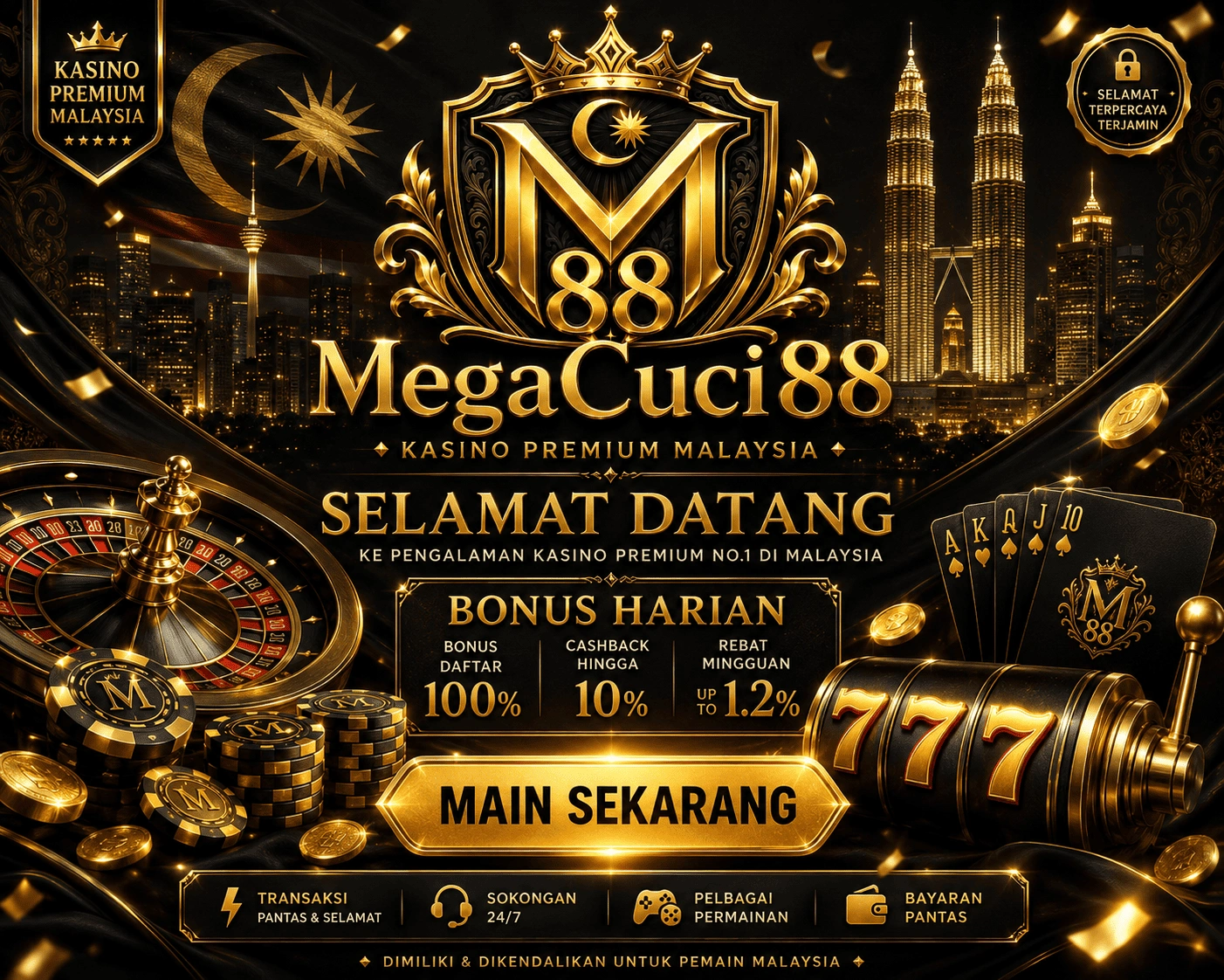 Megacuci88 mobile interface with casino, bonus, app, and login route cards arranged around a smartphone